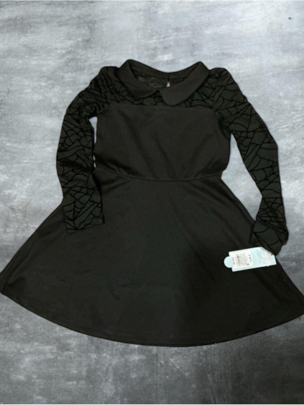 Black skater dress with spiderweb mesh long sleeves and collar detail